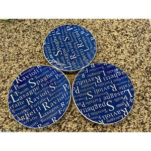 La Primula Set Of 3 Beautiful Plates White pasta wording on Blue. Made in Italy.